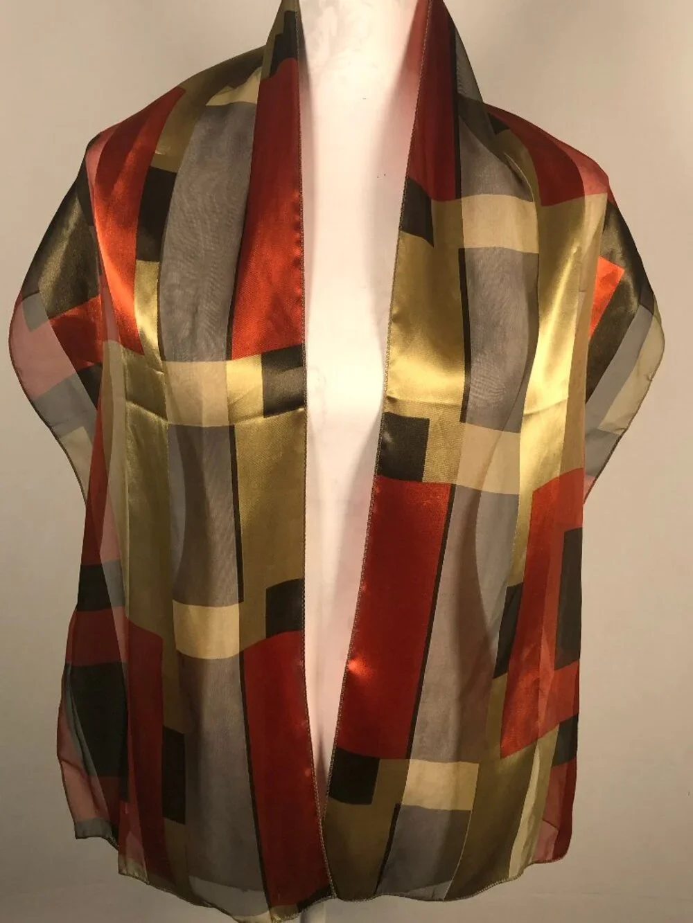 Vintage Silk Feel Geometric Chiffon Scarf — Art Deco Quiet Luxury Wrap